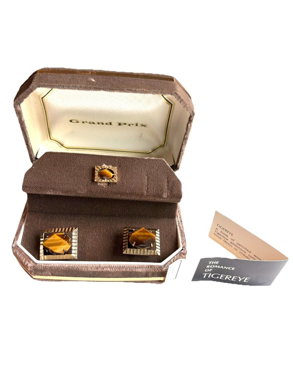 Vintage Grand Prix Swank Genuine Tiger Eye Cuff Links & Tie Tack Set Gold Plated